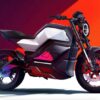 Moto électrique bicolore blanc et noir design néo-rétro futuriste avec éclairage LED circulaire