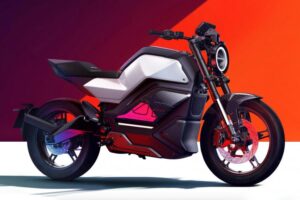 Moto électrique bicolore blanc et noir design néo-rétro futuriste avec éclairage LED circulaire